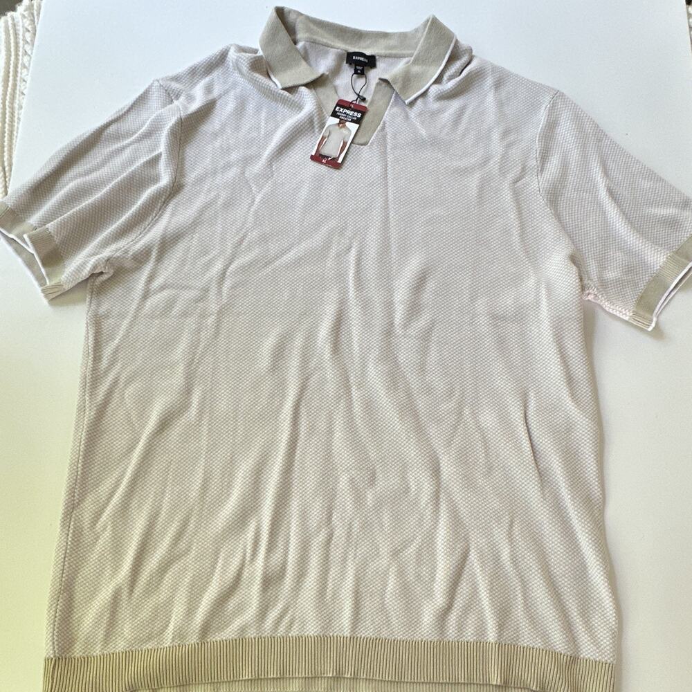 Express Men's Johnny Collar Knit Sweater Beige XL Short Sleeve Pullover preppy
